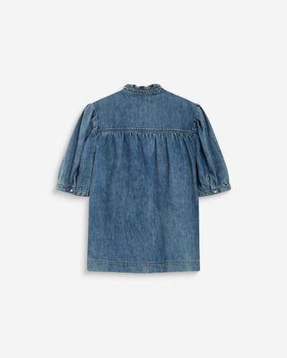 Blouse en denim col V manches bouffantes lightblue Amande