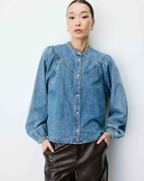 Blouse en denim évasée manches longues lightblue Anaelle