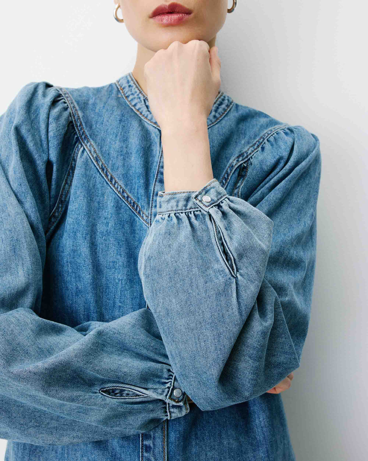 Blouse en denim évasée manches longues lightblue Anaelle