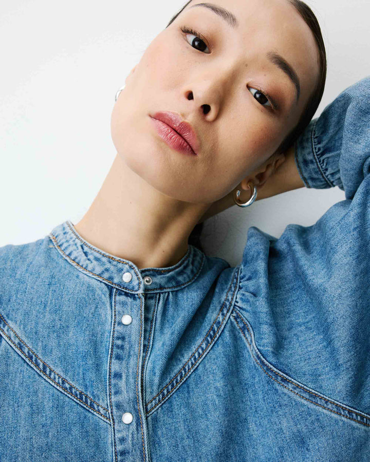 Blouse en denim évasée manches longues lightblue Anaelle
