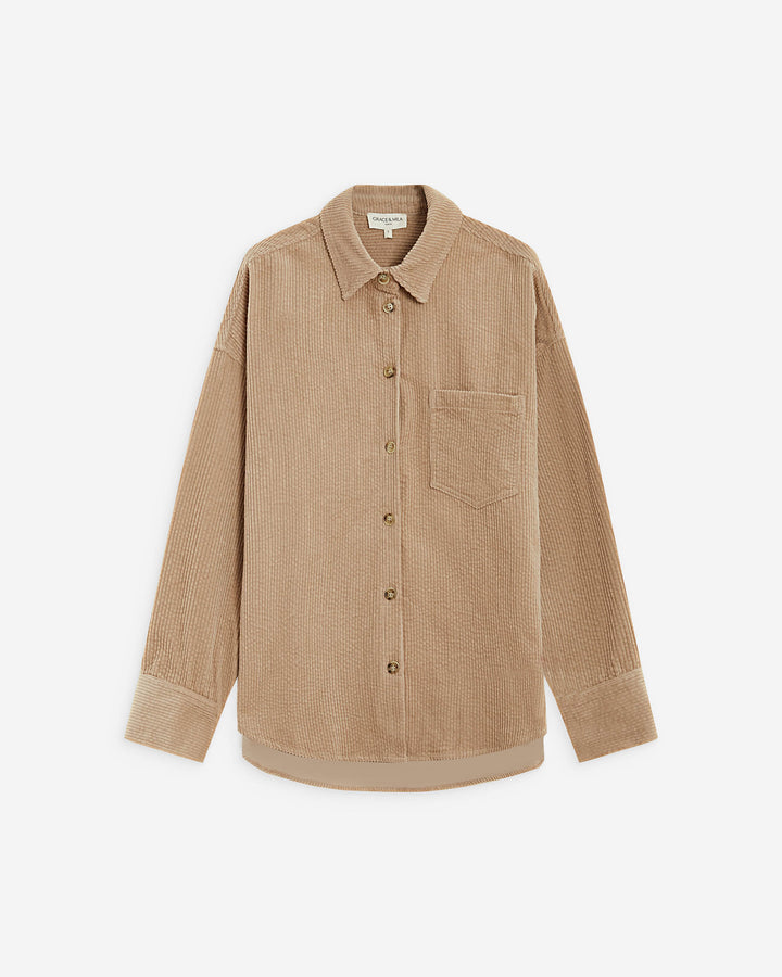 Chemise oversize en velours côtelé beige Ange
