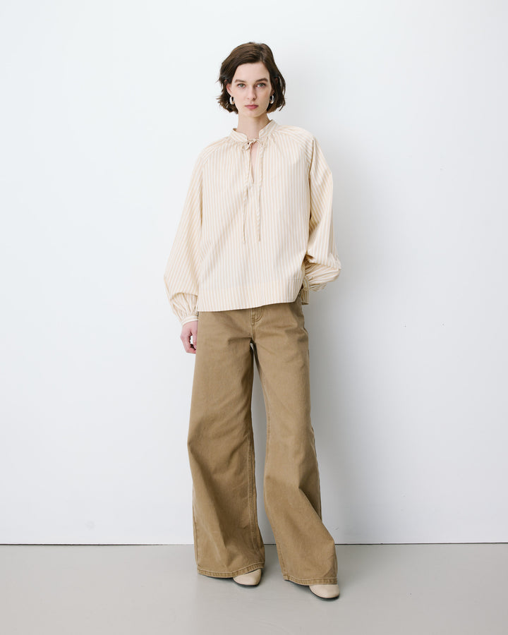 Blouse à rayures col mao à nouer beige Albane