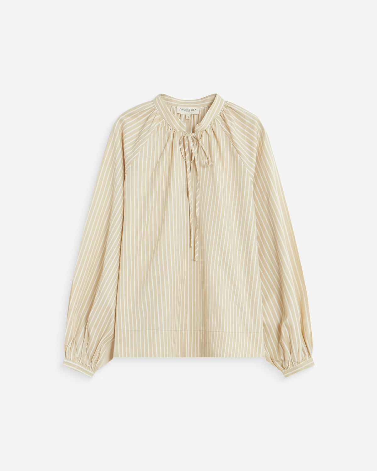 Blouse à rayures col mao à nouer beige Albane