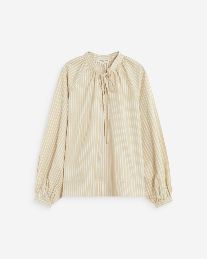 Blouse à rayures col mao à nouer beige Albane