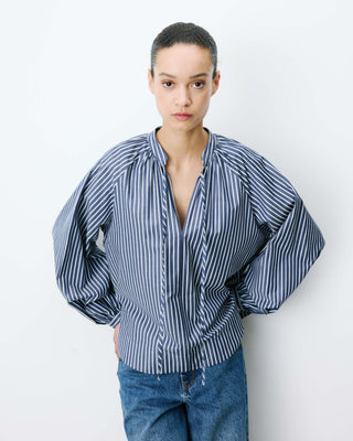 Blouse à rayures col mao à nouer marine Albane