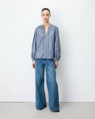 Blouse à rayures col mao à nouer marine Albane
