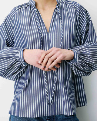 Blouse à rayures col mao à nouer marine Albane