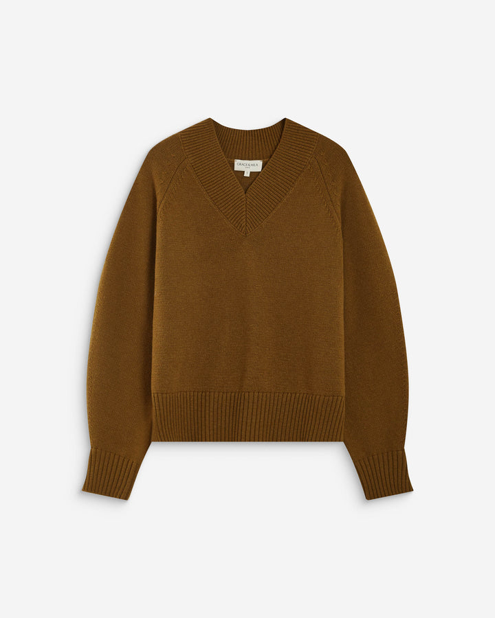 Pull droit col V en maille olive Alden