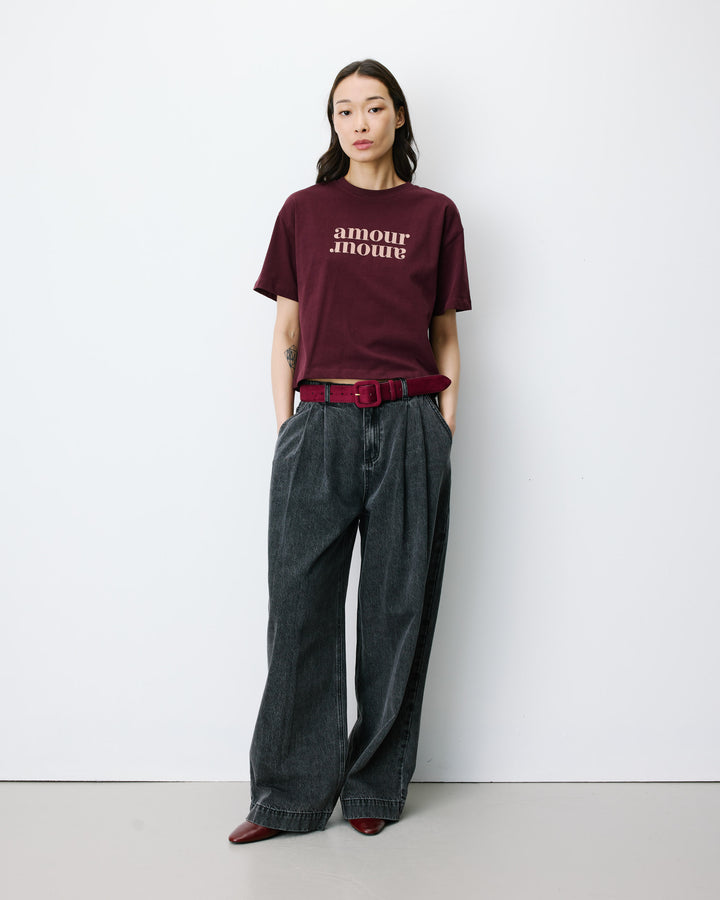 T-shirt en coton manches courtes à inscription aubergine Anis