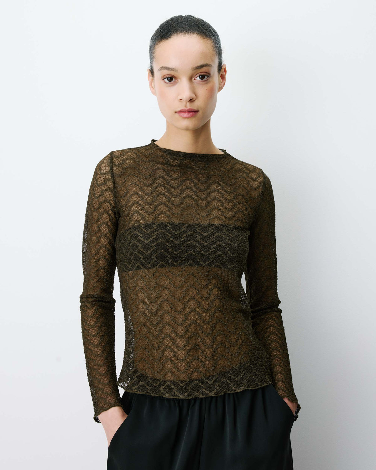 Top en dentelle transparente manches longues kaki Aube