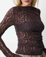 Top en dentelle drapé col bateau chocolat Avoine