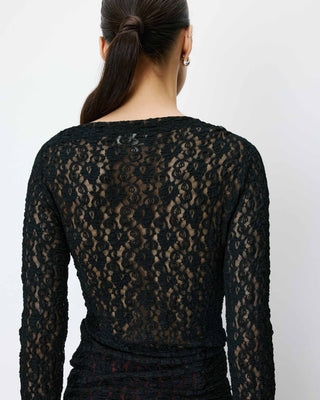 Top en dentelle drapé col bateau noir Avoine