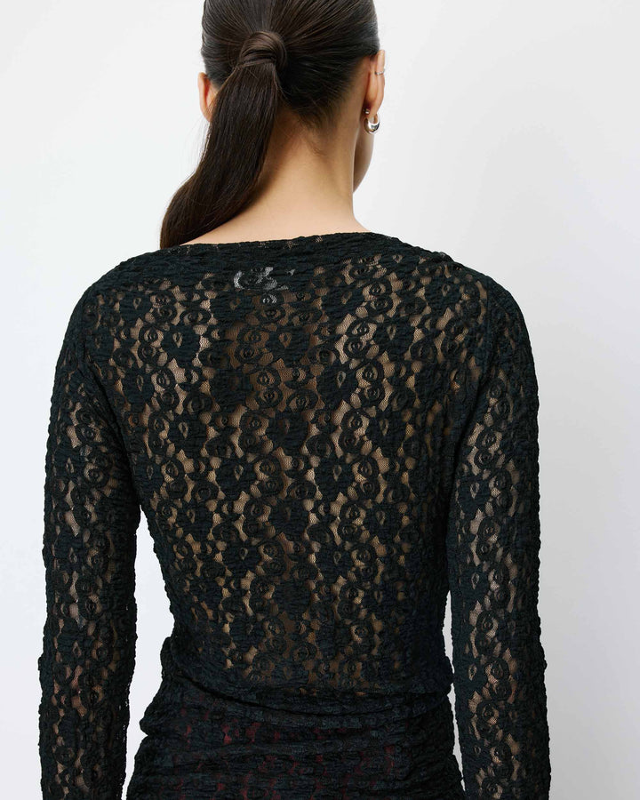 Top en dentelle drapé col bateau noir Avoine