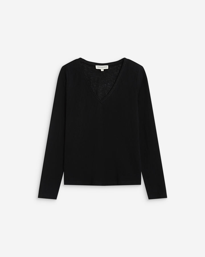 Long-sleeve V-neck T-shirt noir Abricot