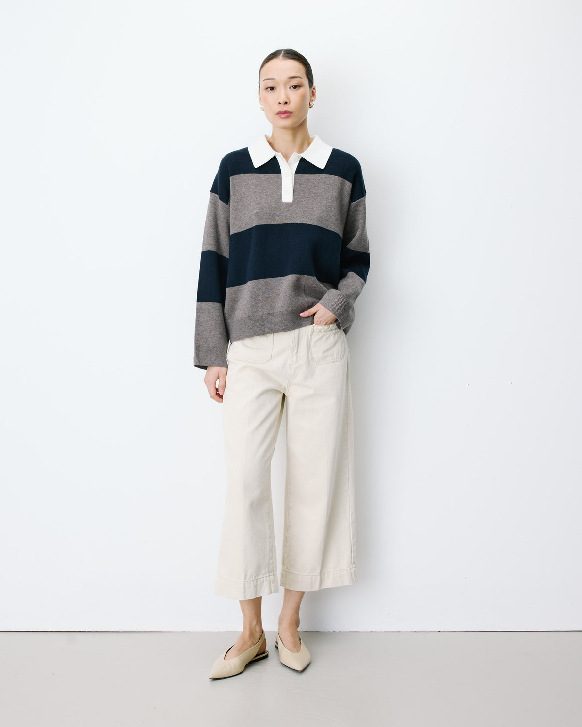 Pull polo ample à larges rayures marine Astre