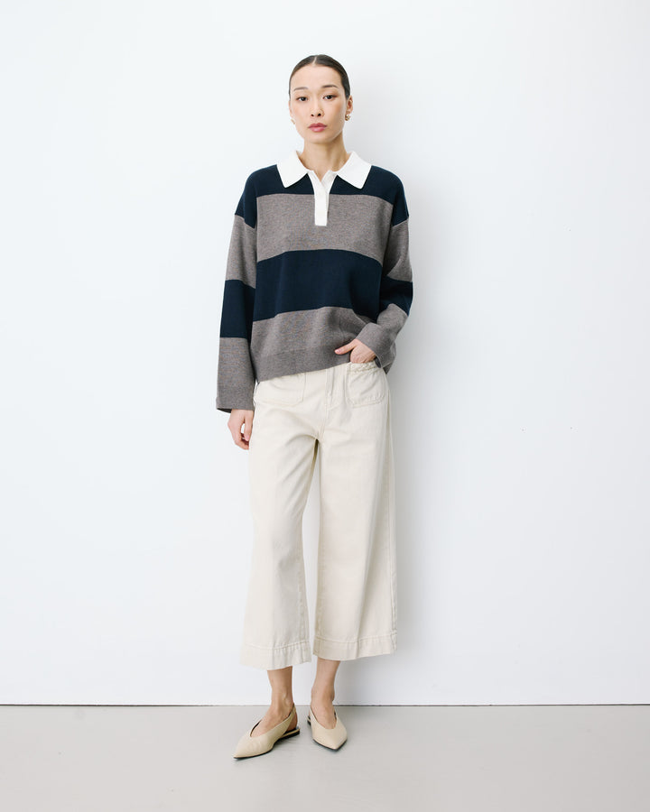 Pull polo ample à larges rayures marine Astre