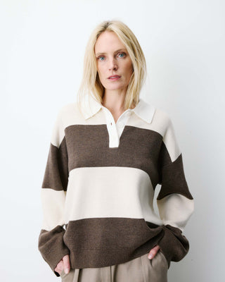 Pull polo ample à larges rayures sable Astre