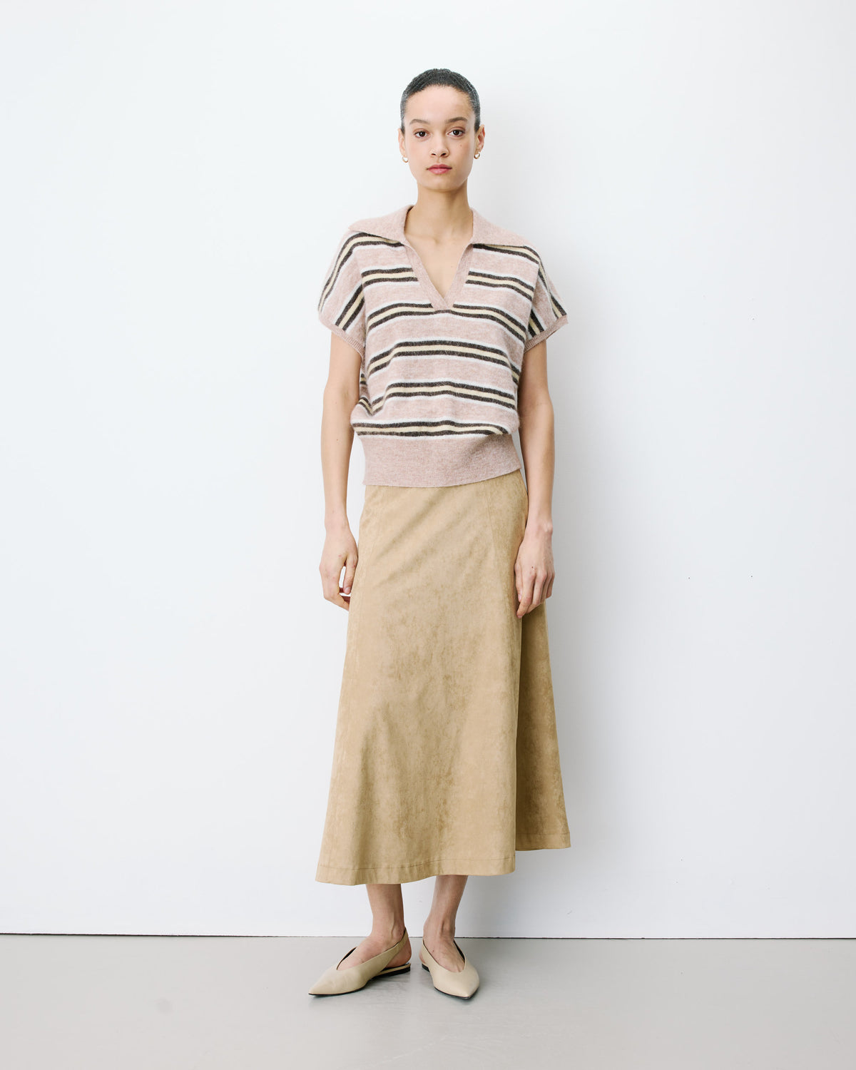 Short-sleeve striped knit polo beige Aizen