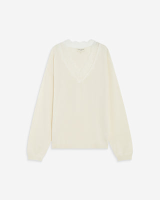 Pull en maille à col V en dentelle ecru Augustin