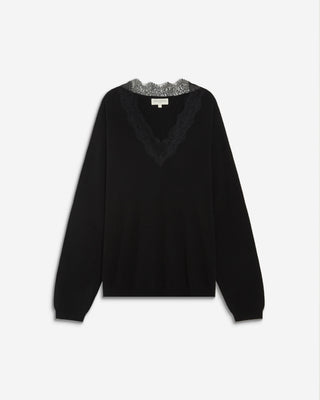 Knit sweater with lace V-neck noir Augustin