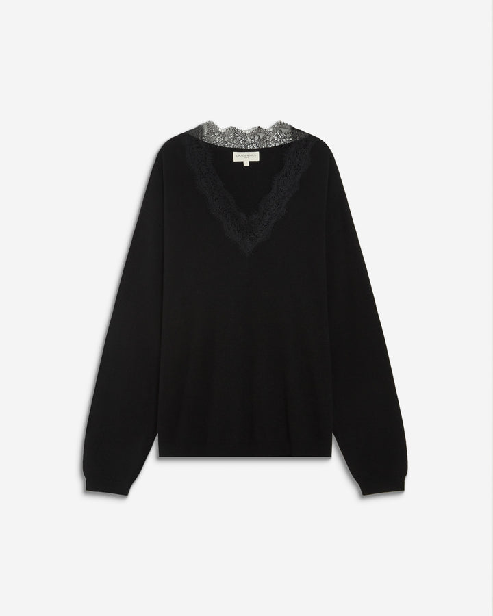 Knit sweater with lace V-neck noir Augustin