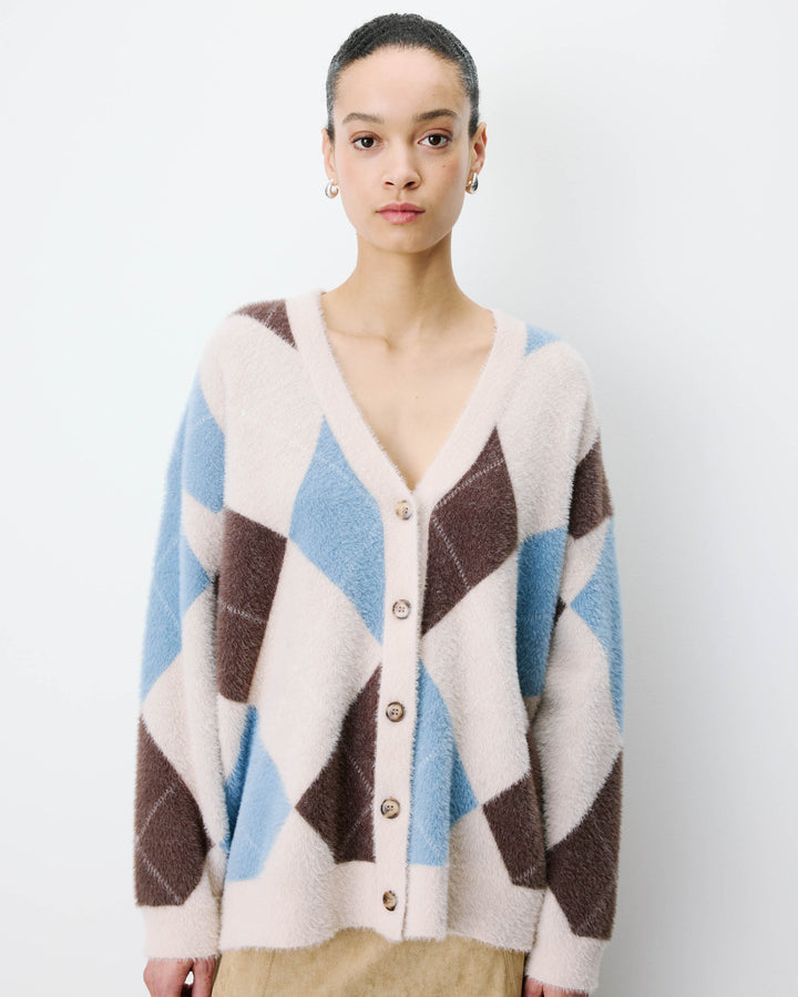 Cardigan doux à losanges col V bleuet Alexan