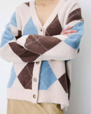 Cardigan doux à losanges col V bleuet Alexan