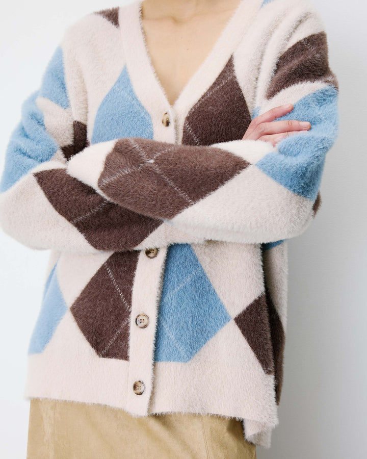Cardigan doux à losanges col V bleuet Alexan