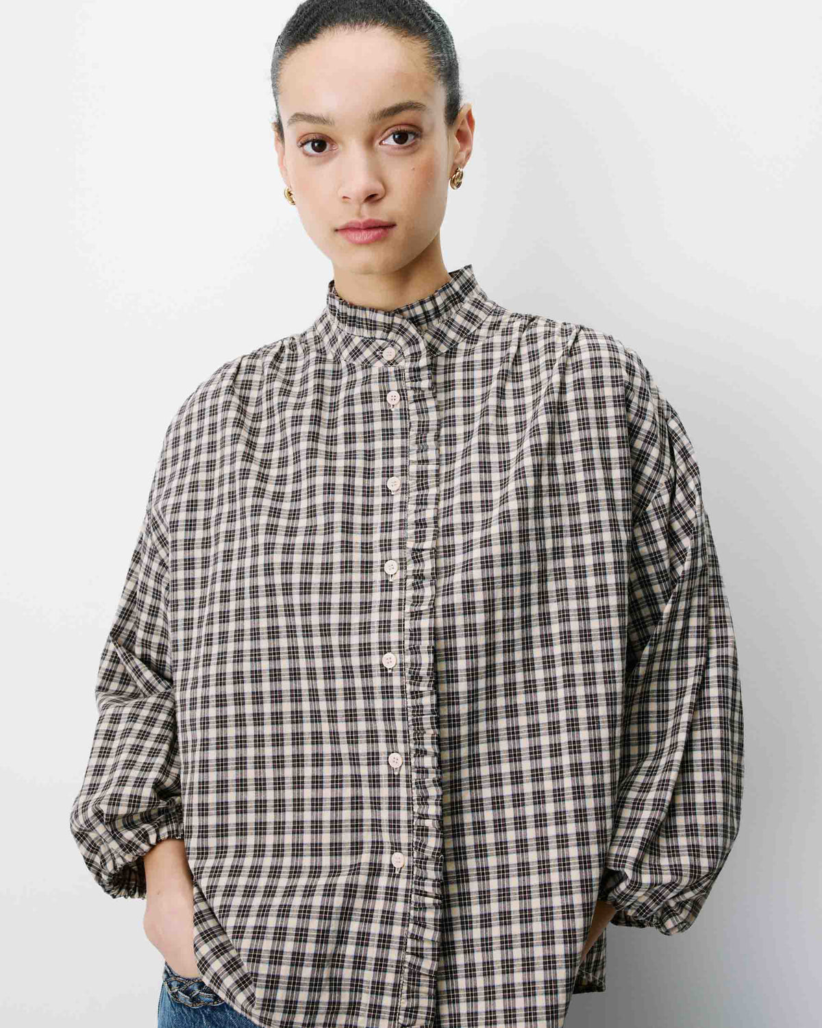 Checked blouse with puff sleeves latte Adelie