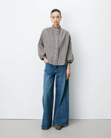 Checked blouse with puff sleeves latte Adelie