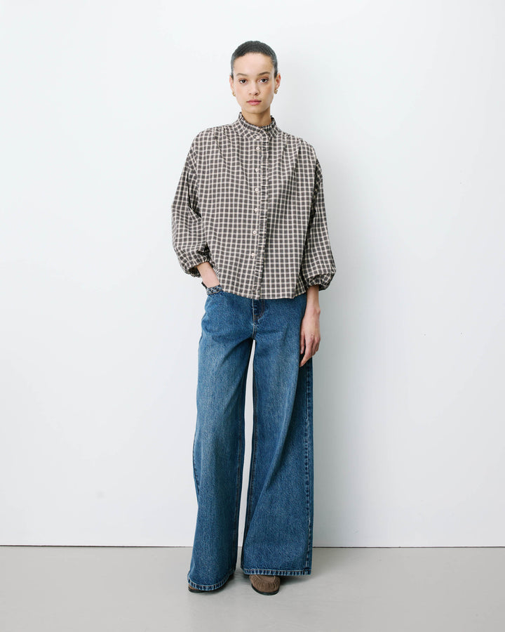 Checked blouse with puff sleeves latte Adelie