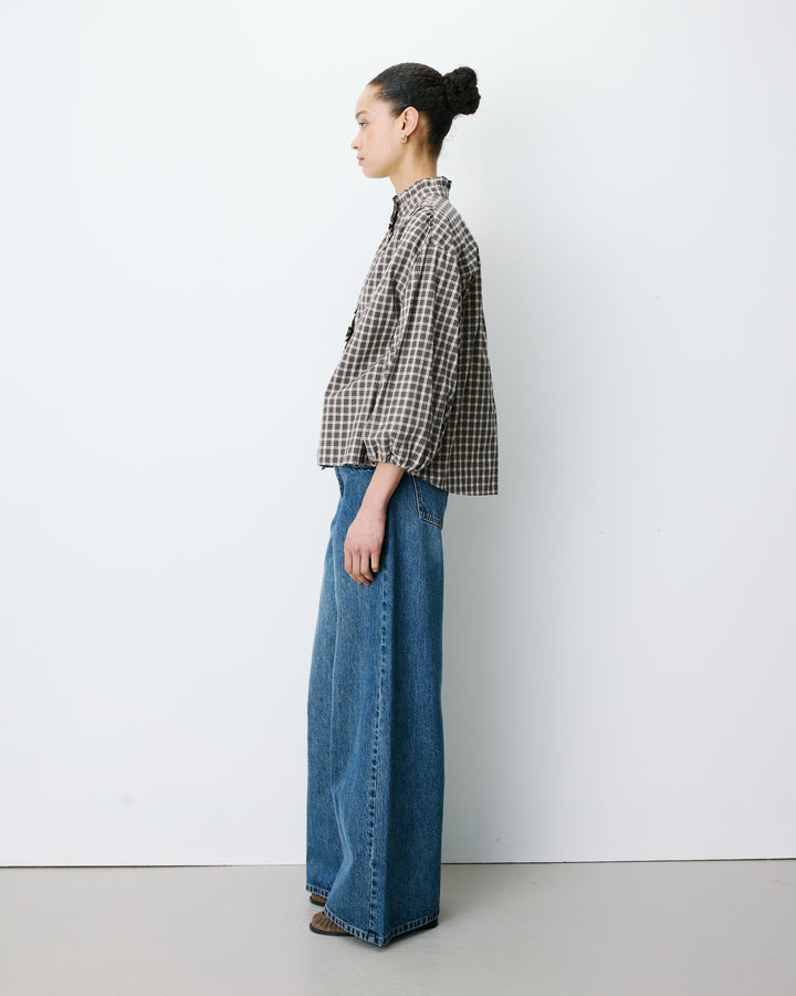 Checked blouse with puff sleeves latte Adelie