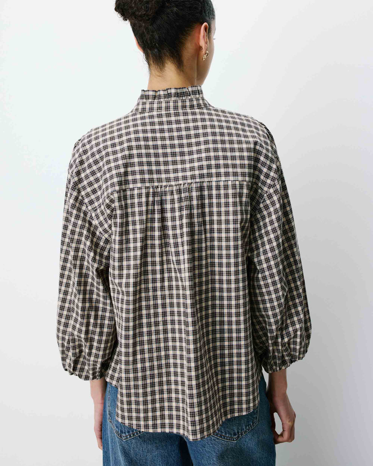 Checked blouse with puff sleeves latte Adelie