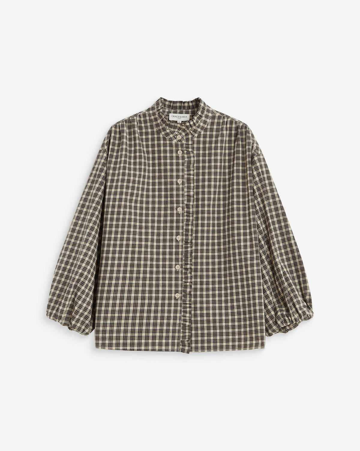Checked blouse with puff sleeves latte Adelie