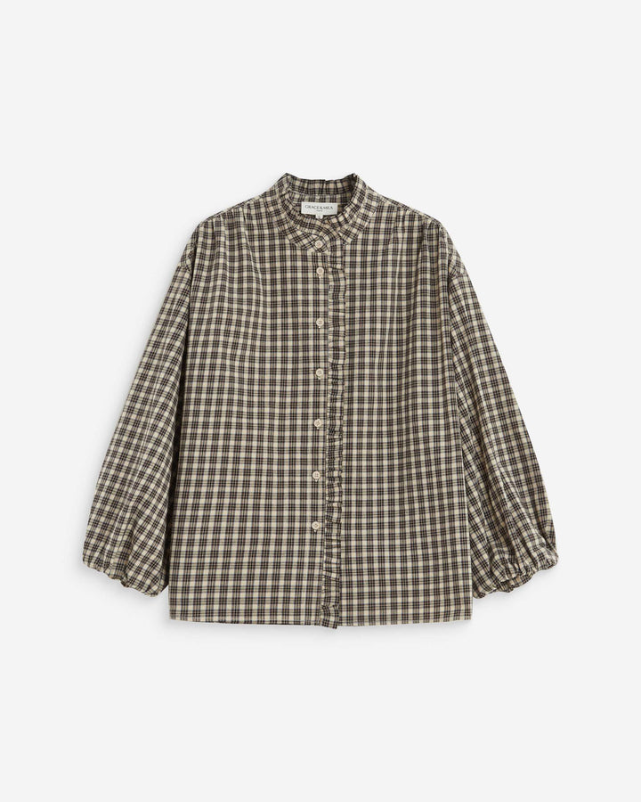 Checked blouse with puff sleeves latte Adelie
