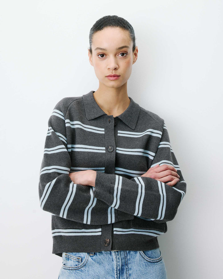 Cardigan rayé en maille col chemise anthracite Ardenis