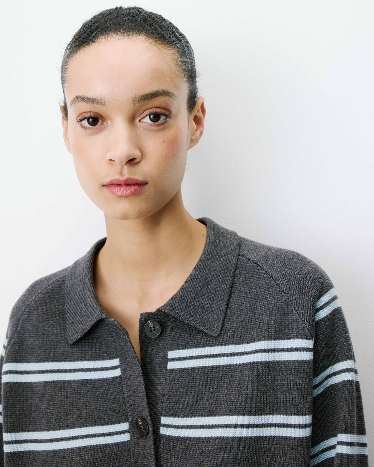Cardigan rayé en maille col chemise anthracite Ardenis