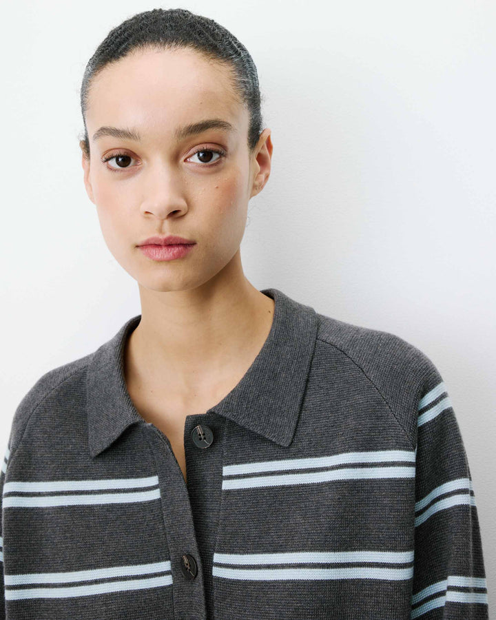 Cardigan rayé en maille col chemise anthracite Ardenis