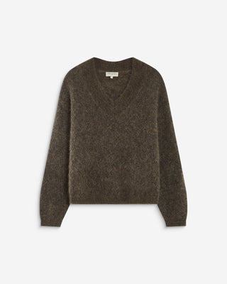 Pull large doux en mohair mélangé col V taupe Adorable