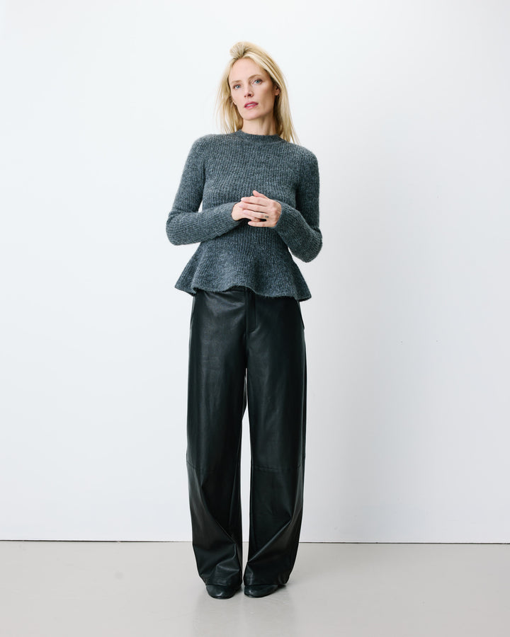 Pull peplum en maille côtelée col cheminée anthracite Alvar