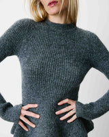 Pull peplum en maille côtelée col cheminée anthracite Alvar
