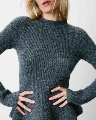 Pull peplum en maille côtelée col cheminée anthracite Alvar