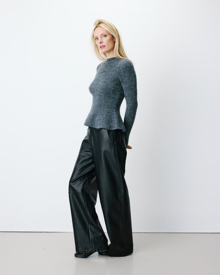 Pull peplum en maille côtelée col cheminée anthracite Alvar