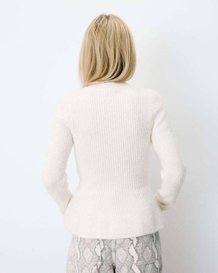 Pull peplum en maille côtelée col cheminée ecru Alvar