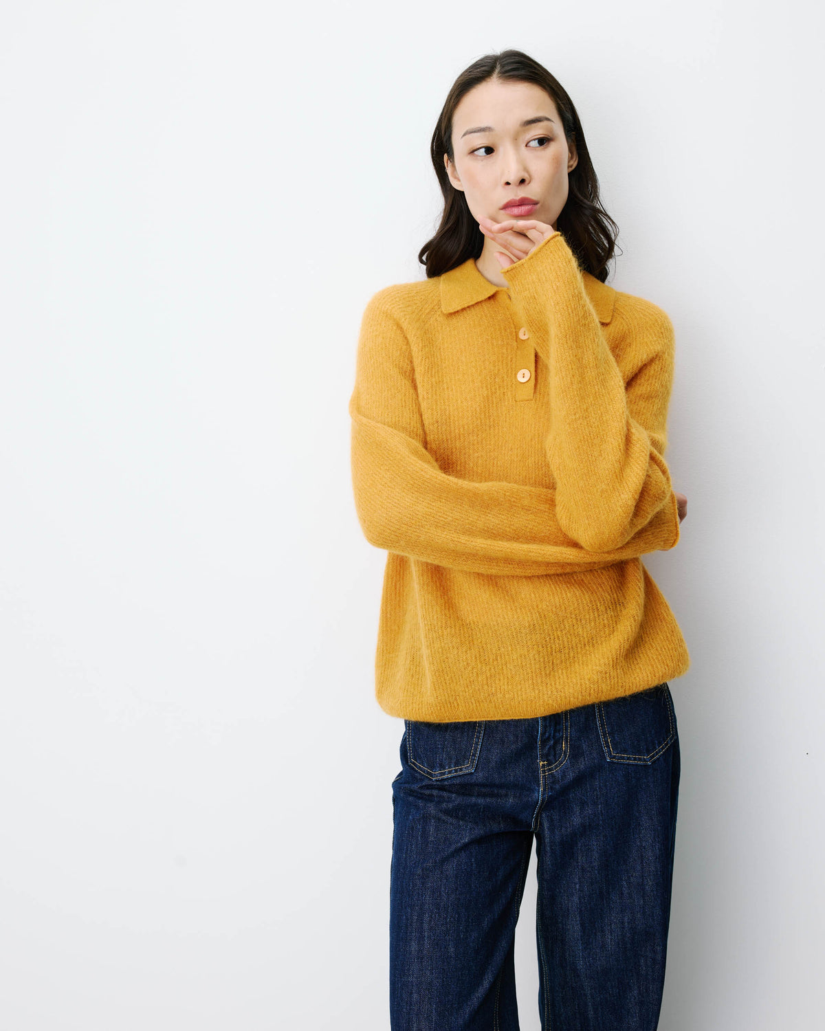 Pull polo en maille texturée boutonné ocre Alevan