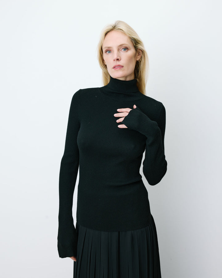 Pull col roulé ajusté en maille fine noir Alfred