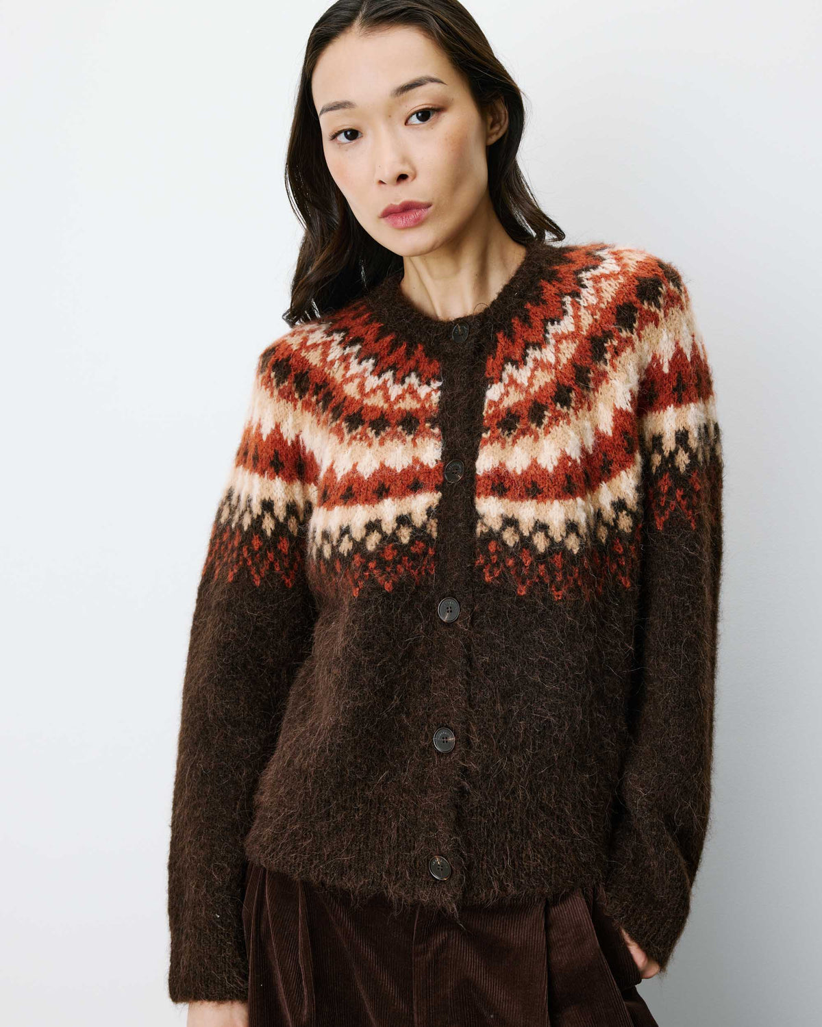 Cardigan en maille jacquard boutonné chocolat Alekio