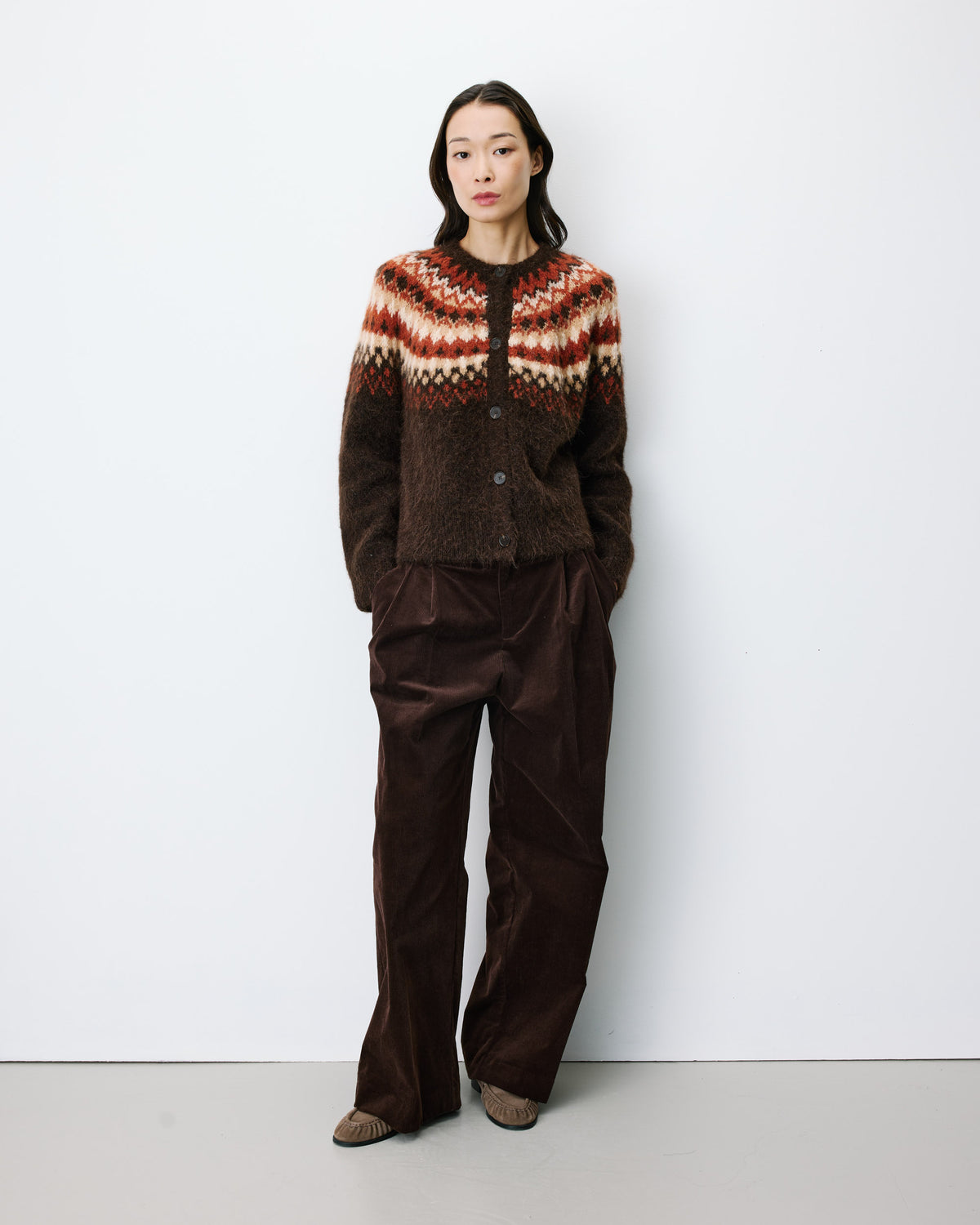 Cardigan en maille jacquard boutonné chocolat Alekio