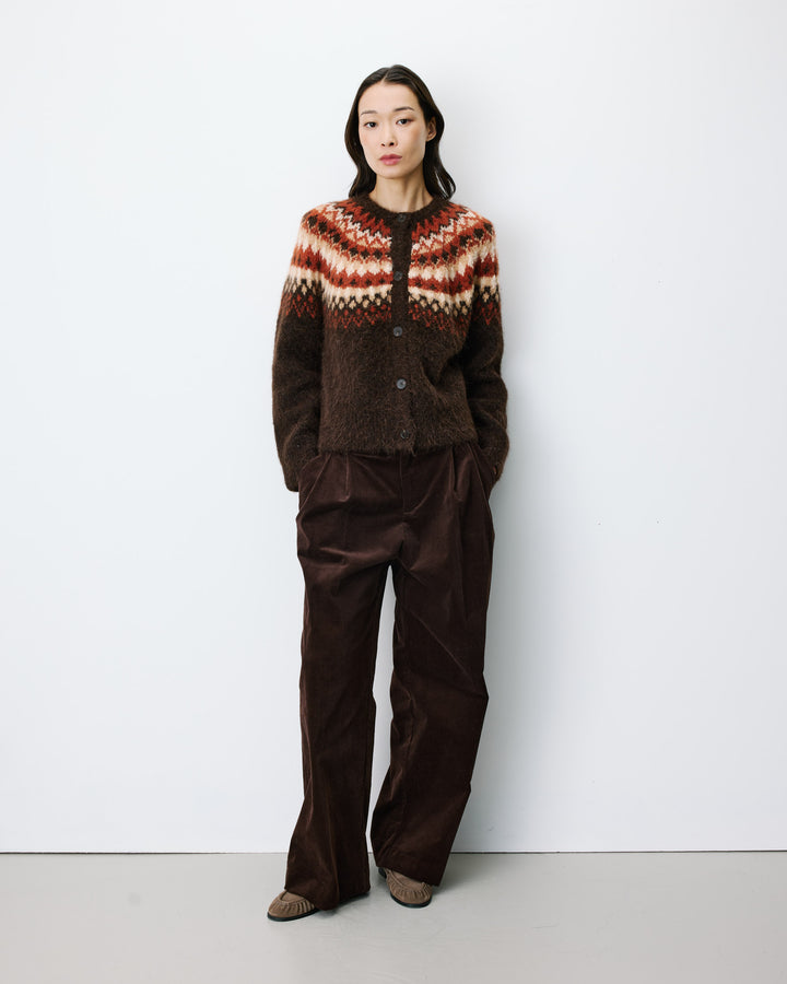 Cardigan en maille jacquard boutonné chocolat Alekio