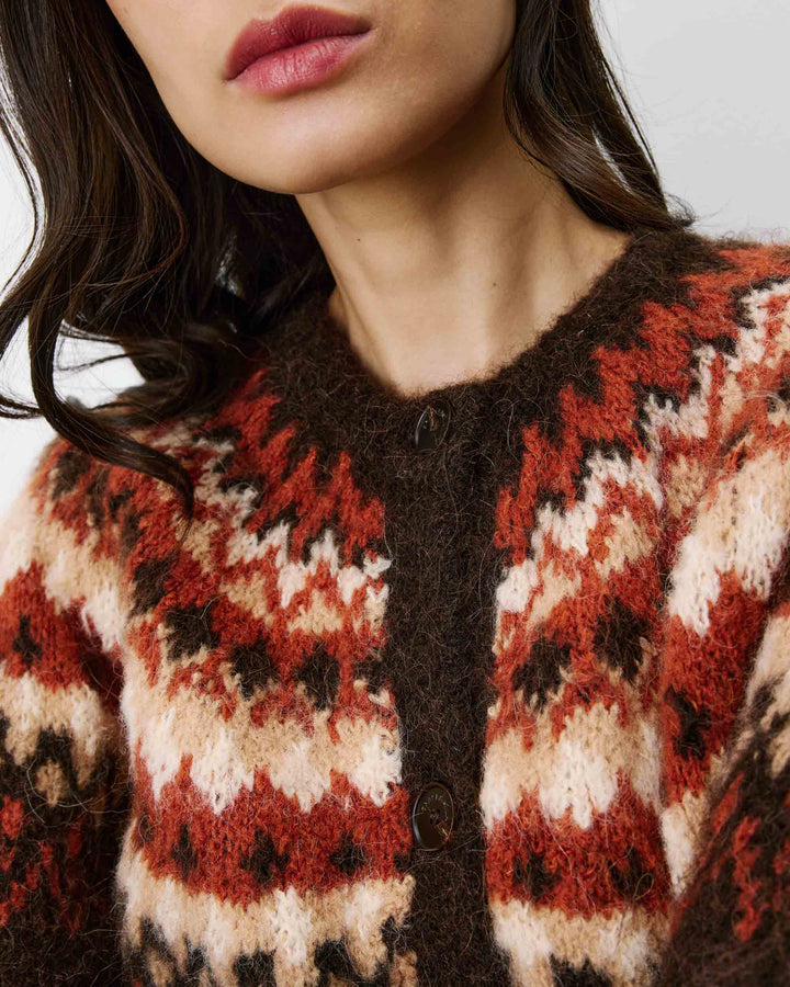Cardigan en maille jacquard boutonné chocolat Alekio